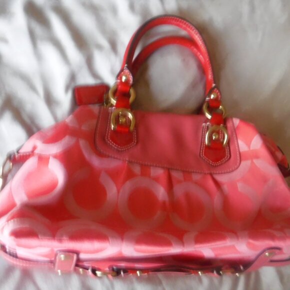 Coach Pink Purse Vintage Pink Fabric Red Handles Rare - Picture 5 of 14